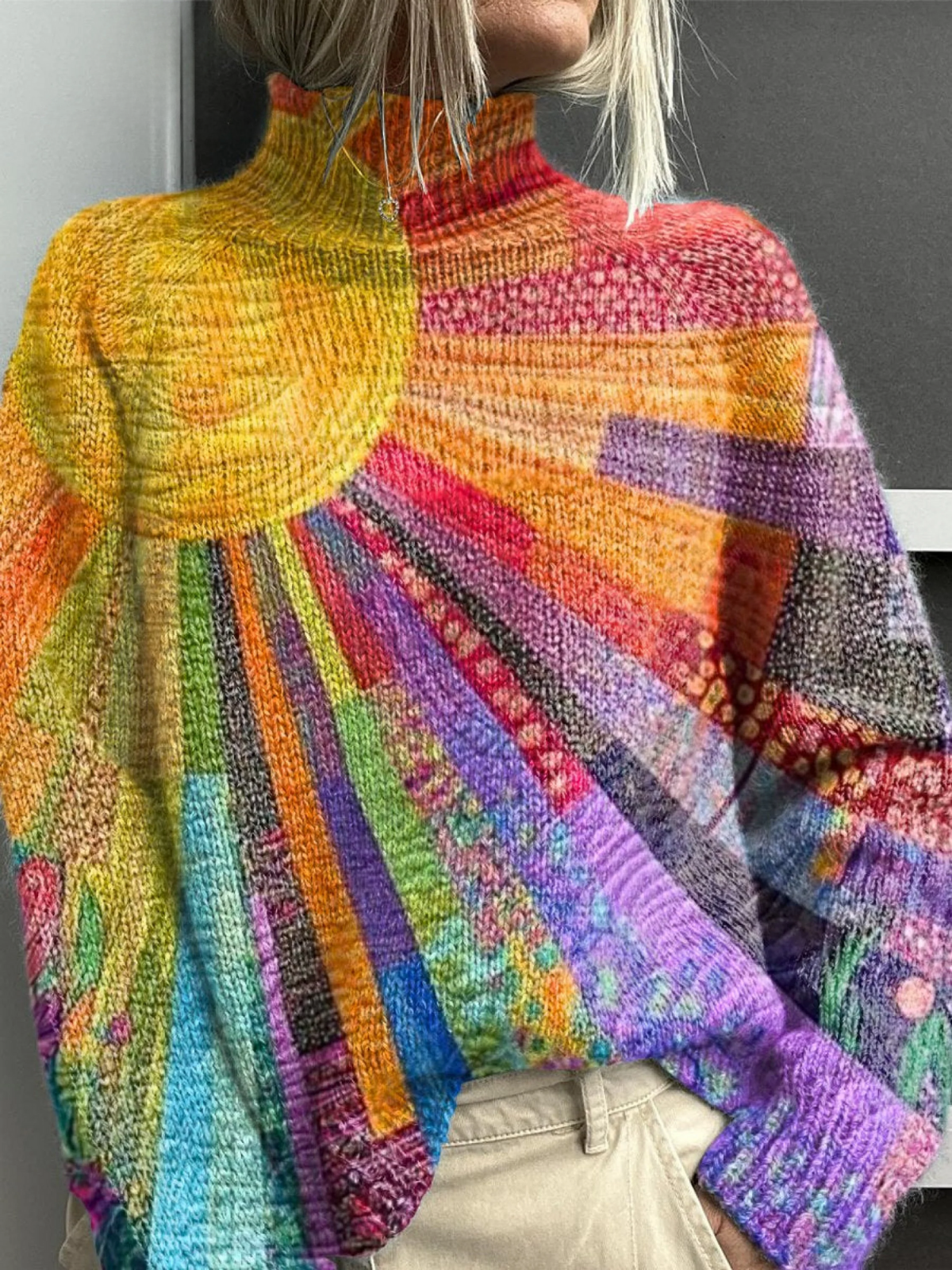 Colorful Sun Collage Turtleneck Sweater